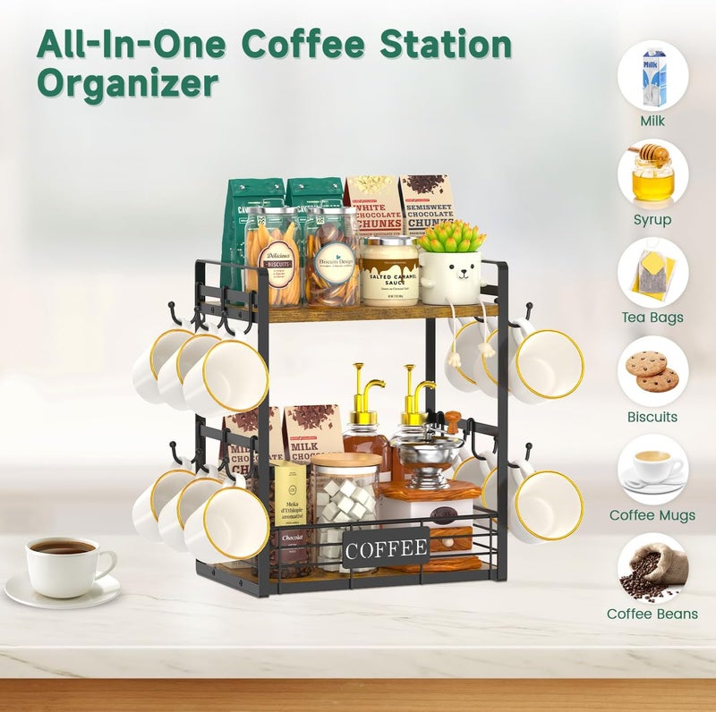 EsLuker.ly Coffee Mug Cup Holder Tree Bar Station Organizer, 2 Tier Mug Stand Rack for Countertop Kitchen, Storage Tower Display Shelf with 12 Hooks, Coffee Nook Enhancer - Image 4